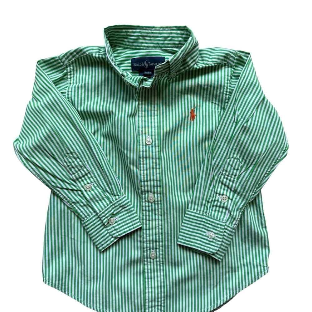Ralph Lauren Classic Fit Green & White Stripe Long Sleeve Shirt w/Orange Pony 2T
